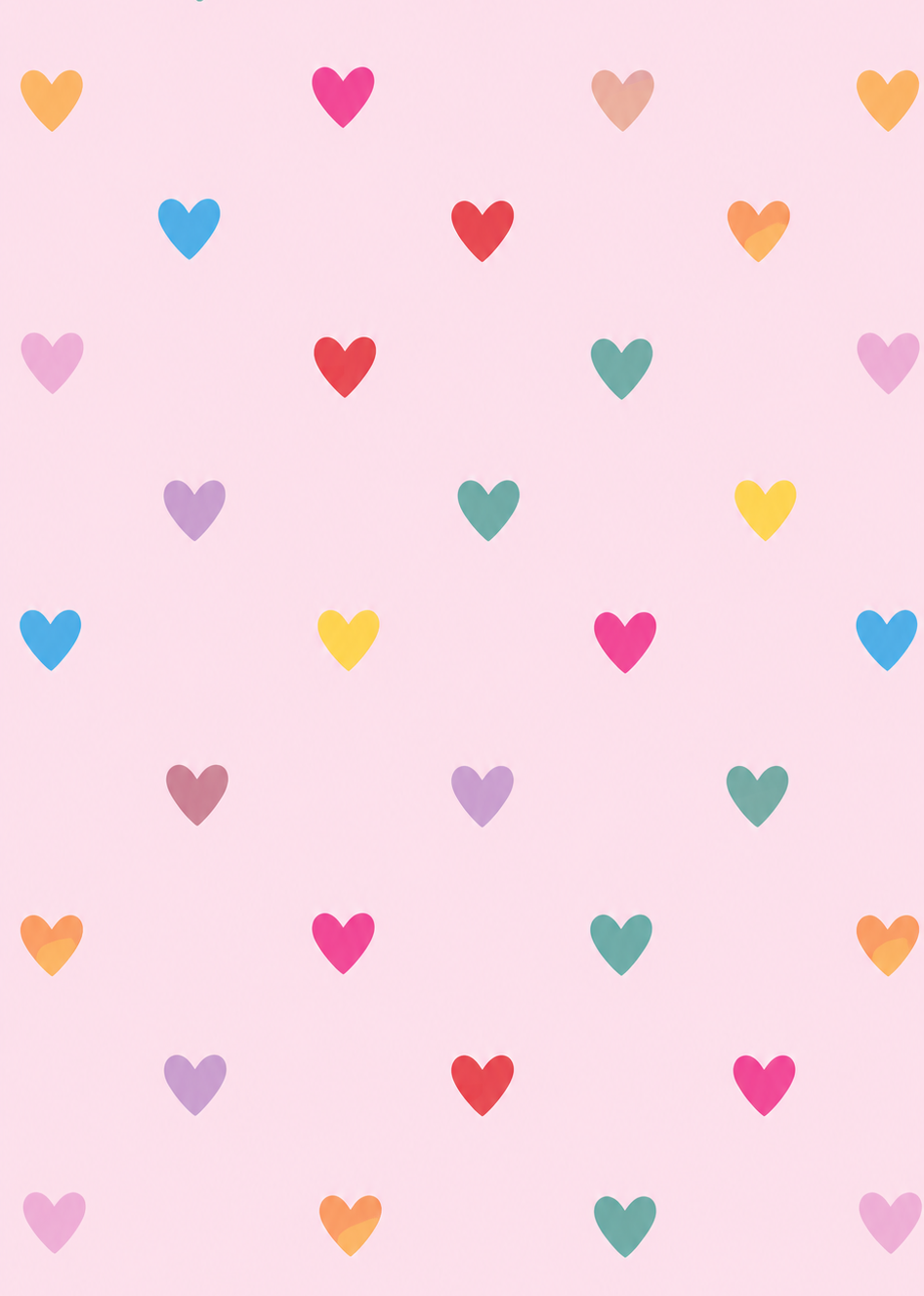 Pattern of colorful hearts on a pink background