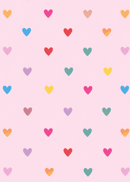 Pattern of colorful hearts on a pink background
