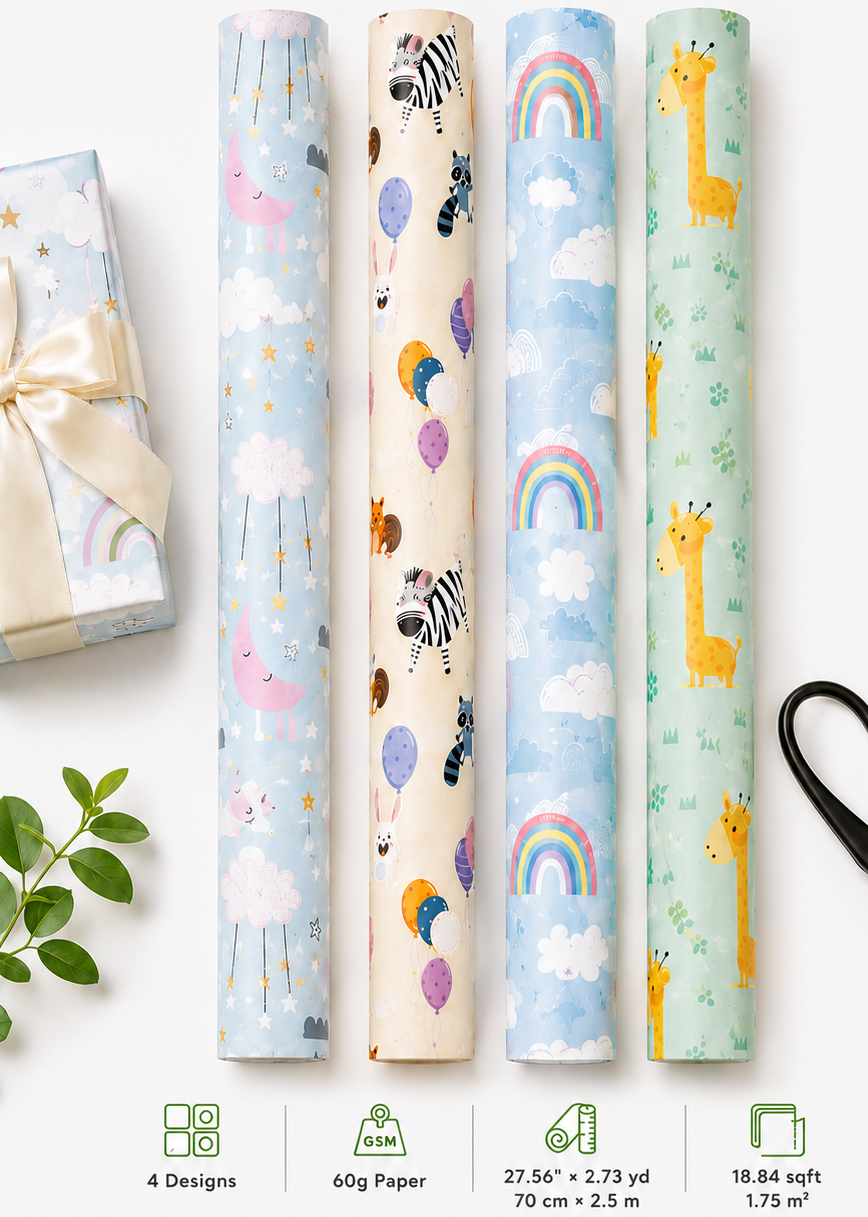 Set of four rolls of wrapping paper with animal and rainbow designs, scissors, and a gift box on a white background.