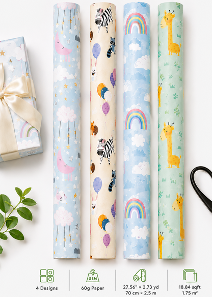Set of four rolls of wrapping paper with animal and rainbow designs, scissors, and a gift box on a white background.