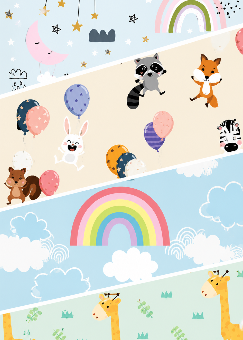 Set of three children's illustrations with animals, balloons, and rainbows on a patterned background.