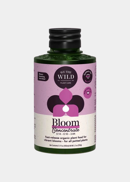 Bottle of 'Bloom' plant food concentrate with a purple label on a gray background