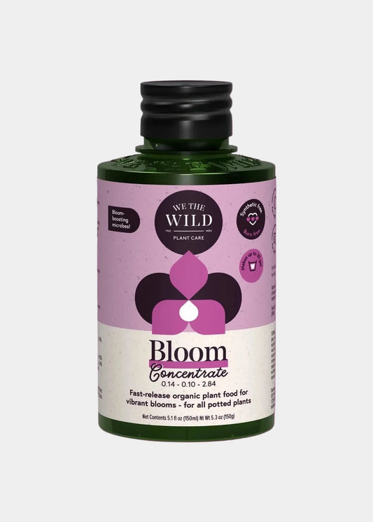 Bottle of 'Bloom' plant food concentrate with a purple label on a gray background