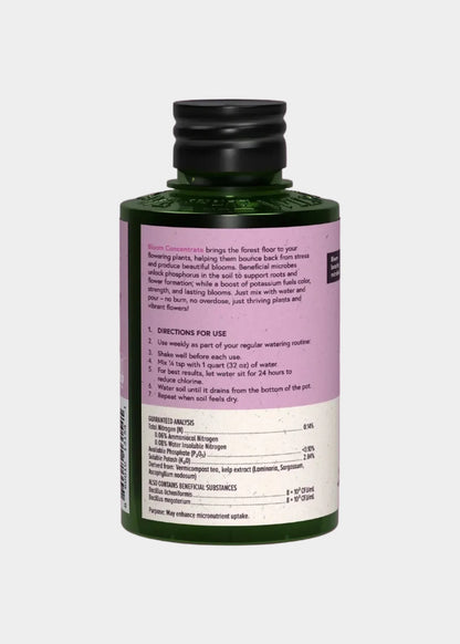 Bottle of plant food with label on a gray background
