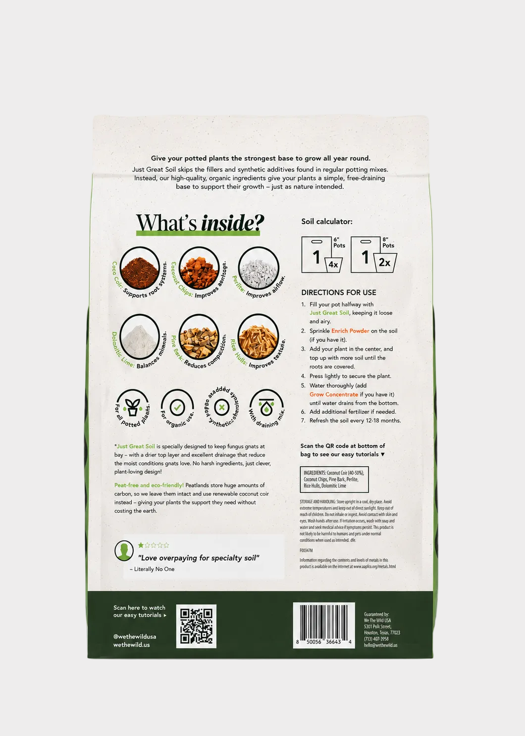 We The Wild Just Great Soil Premium Potting Mix 6 Dry Quarts (6.6L)