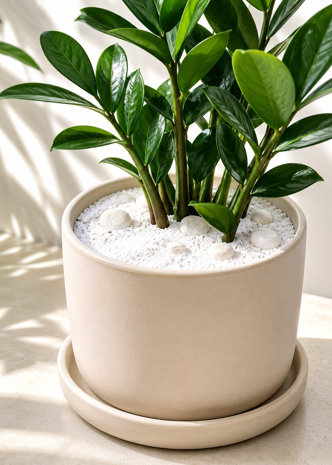 Potted plant with white pebbles in a beige pot on a light surface