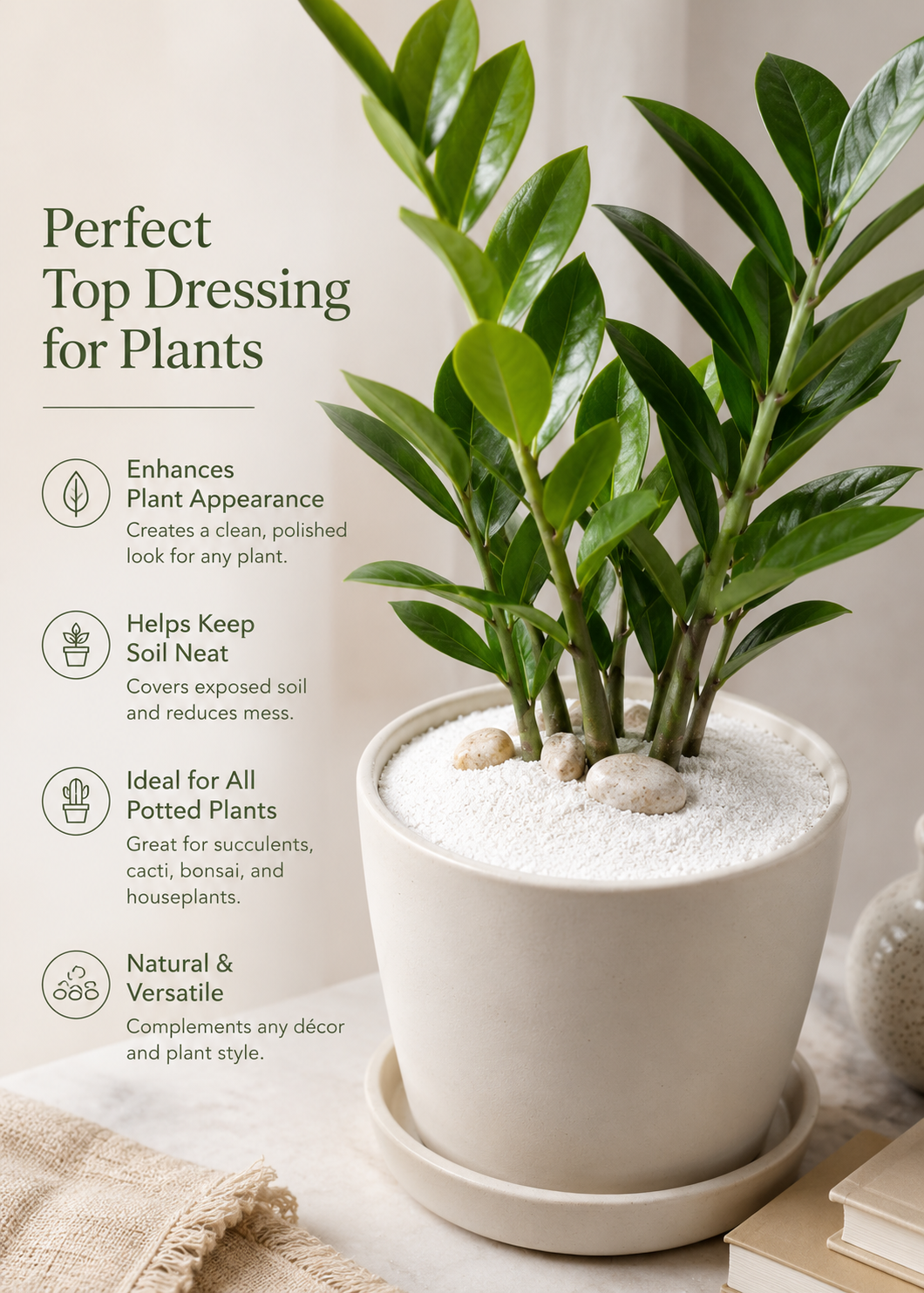 Potted plant with text about perfect top dressing for plants on a neutral background