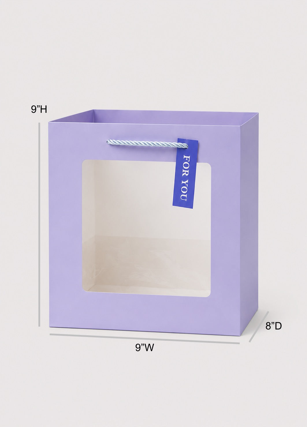 Purple gift bag with window and 'For You' tag, shown with dimensions on a white background.