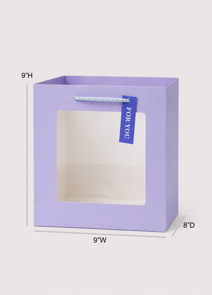 Purple gift bag with window and 'For You' tag, shown with dimensions on a white background.