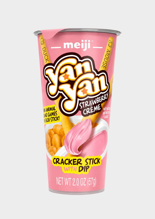 A Meiji Yan Yan Strawberry Creme Cracker Stick Dip cup, featuring its signature pink packaging with yellow and white branding, set against a solid light gray background.