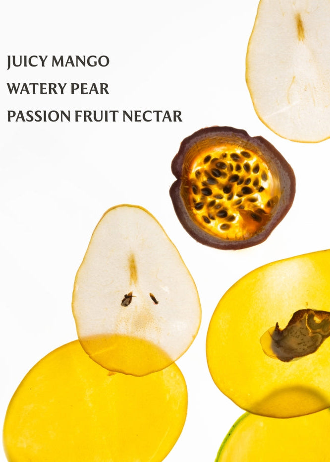 Sliced mango, pear, and passion fruit on a white background with text describing the flavors.
