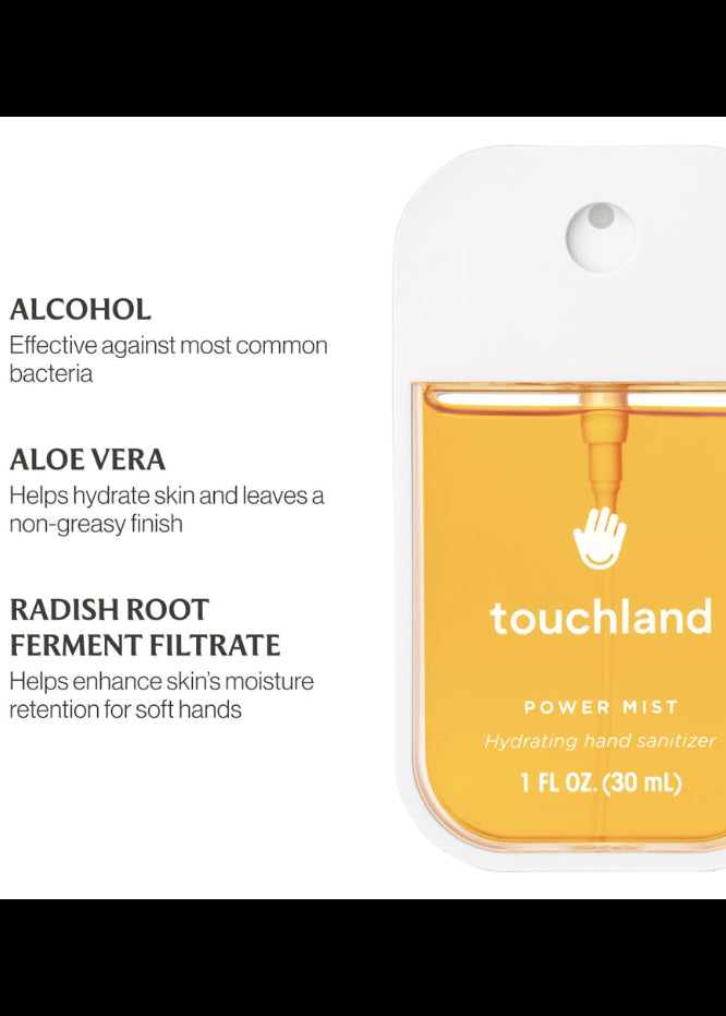 Touchland power mist hand sanitizer with ingredients listed on a white background