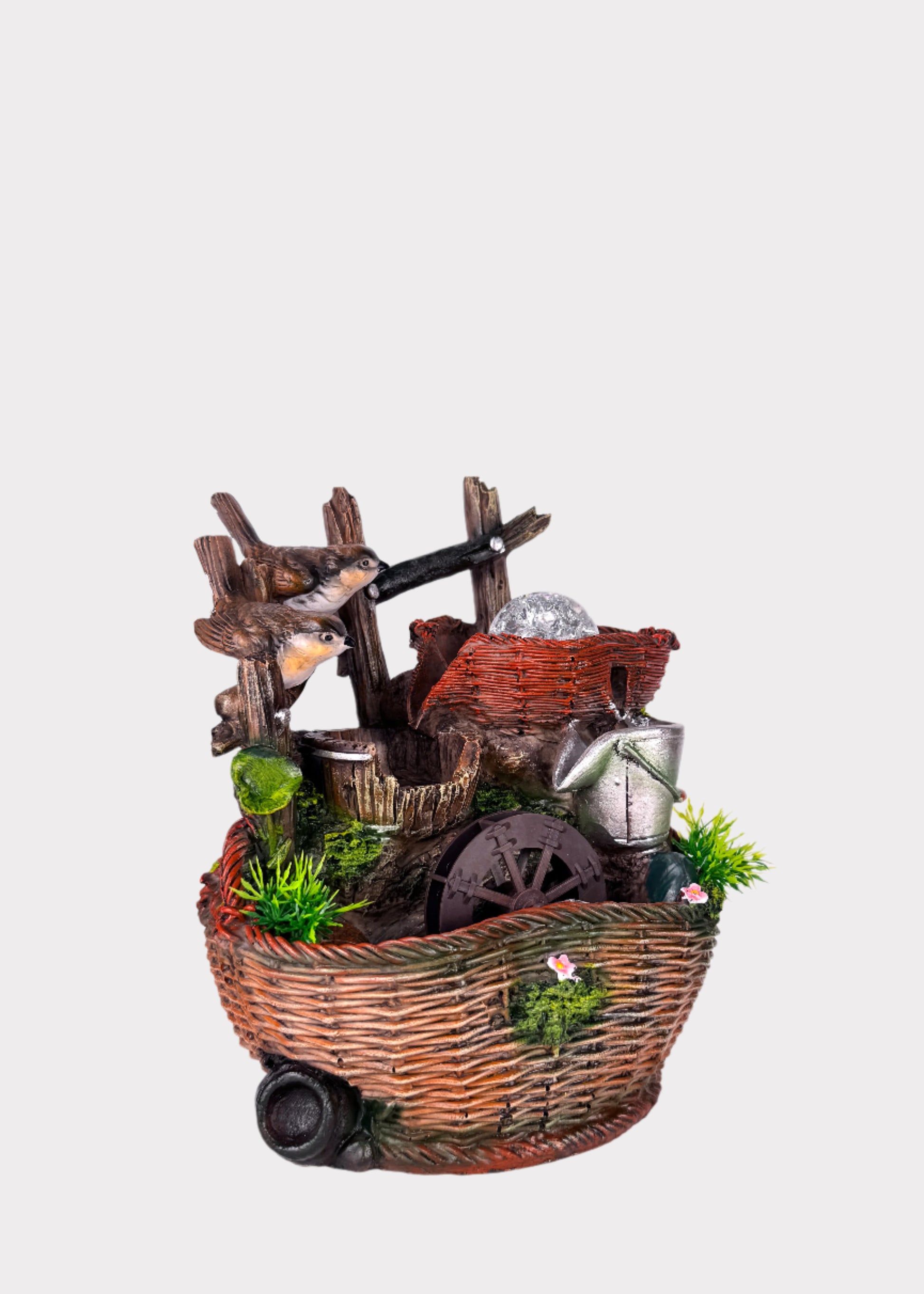 Bird-themed basket water fountain with crystal sphere – front view – Rainbow Rosemead