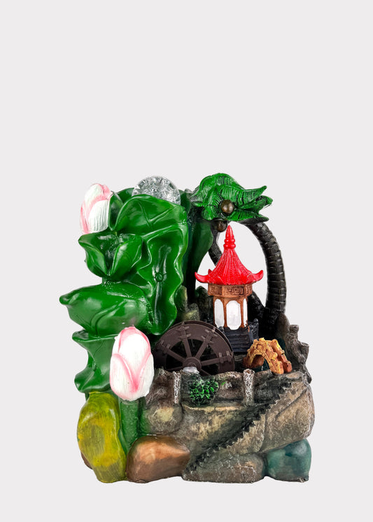 Blooming lotus pagoda tabletop fountain with crystal ball and water wheel - front view - Rainbow Rosemead