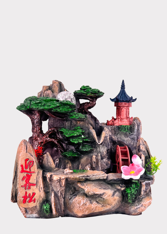Bonsai pagoda tabletop fountain with rocky cliff, crystal ball, and water wheel - front view - Rainbow Rosemead