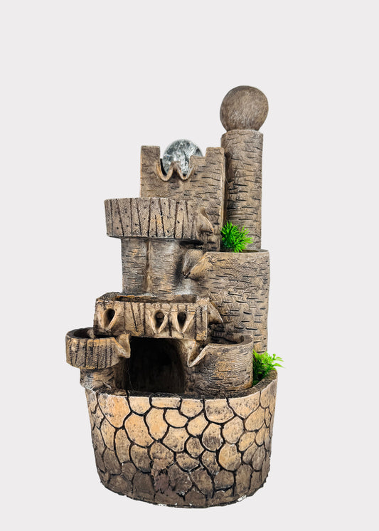 Castle tower tabletop fountain with faux-stone tiers and crystal ball – front view - Rainbow Rosemead