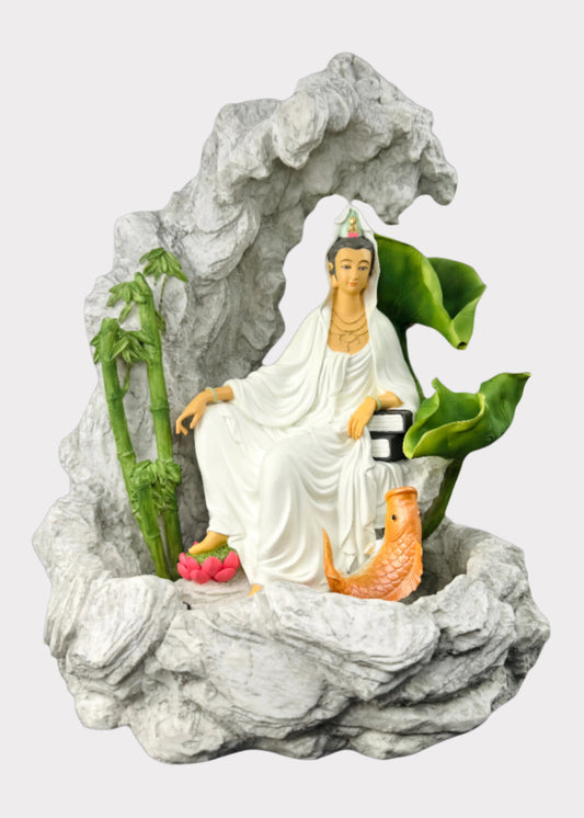 Colored Guan Yin fountain with lotus tiers, koi fish, and bamboo accents – front view - Rainbow Rosemead