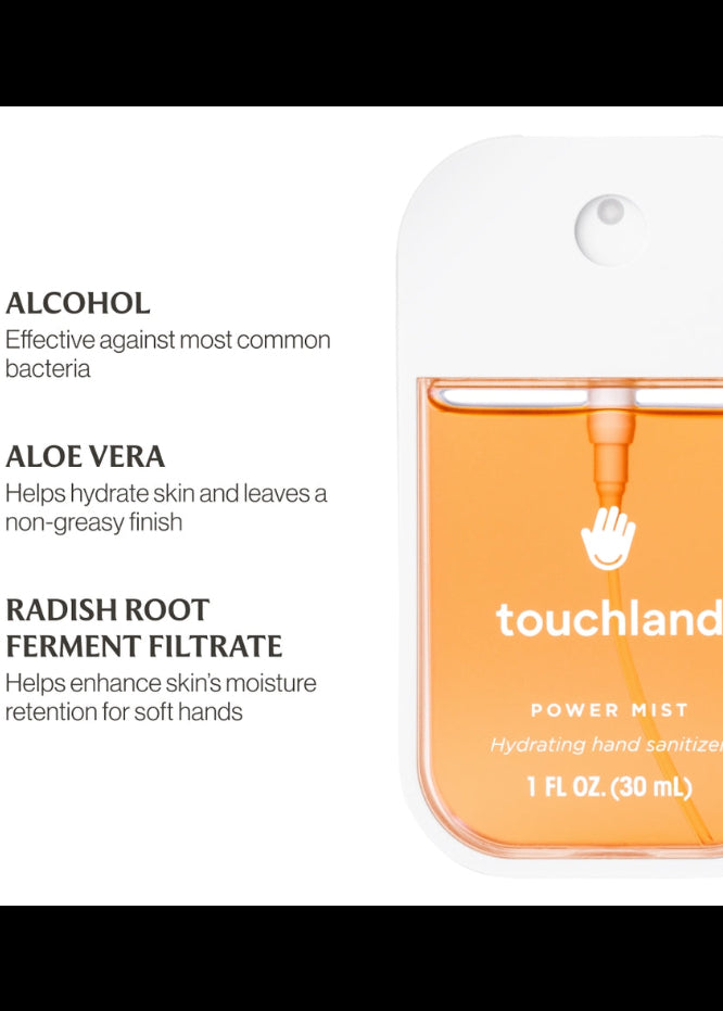 Touchland power mist hand sanitizer with ingredients listed on a white background