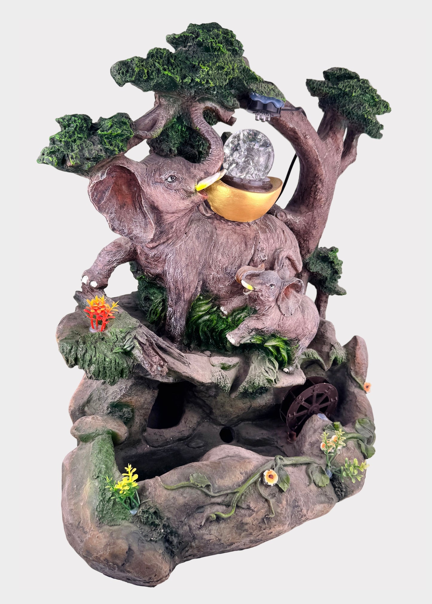 Forest Elephant Family Tabletop Fountain - LED Crystal Ball - Water Wheel