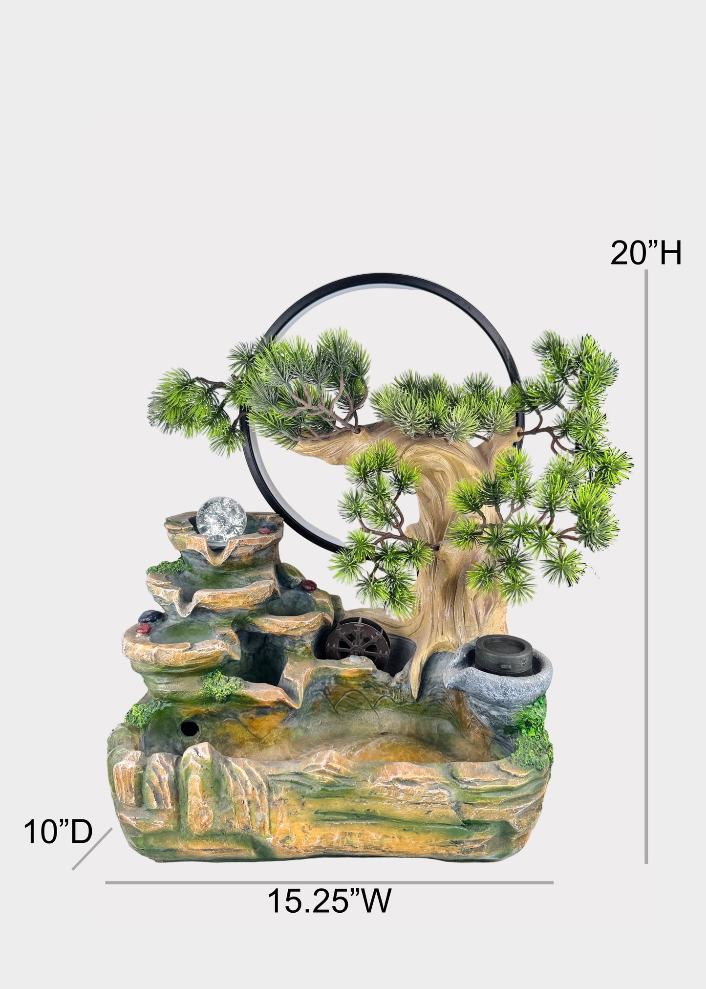 Zen Pine Ring Tabletop Fountain - LED Crystal Ball - Water Wheel