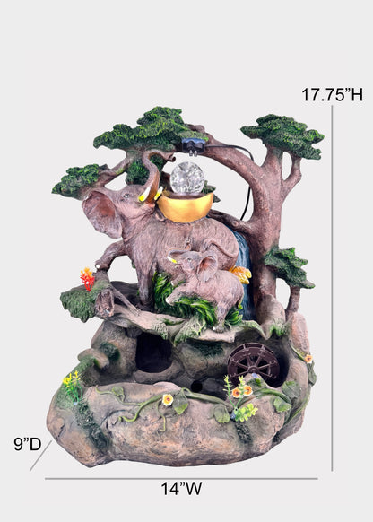 Forest Elephant Family Tabletop Fountain - LED Crystal Ball - Water Wheel