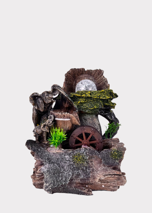 Elephant family water wheel fountain with crystal ball and rustic barrel – front view - Rainbow Rosemead