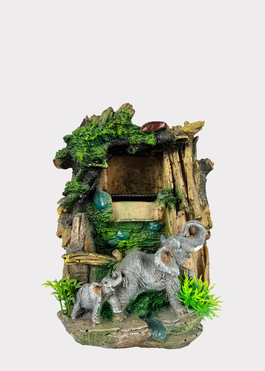 Elephant family waterfall fountain with mossy rocks, gemstones, and LED glow - front view – Rainbow Rosemead