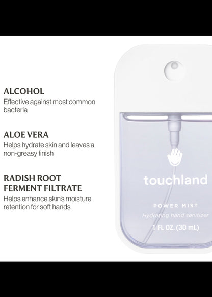 Touchland power mist hand sanitizer with ingredients listed on a white background