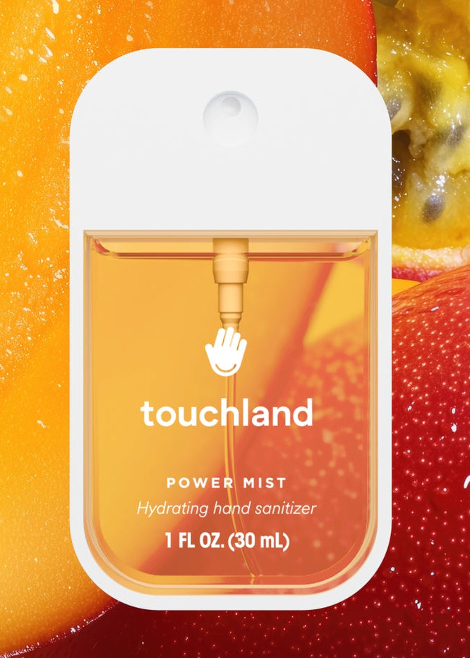 Touchland power mist hand sanitizer packaging with a colorful background