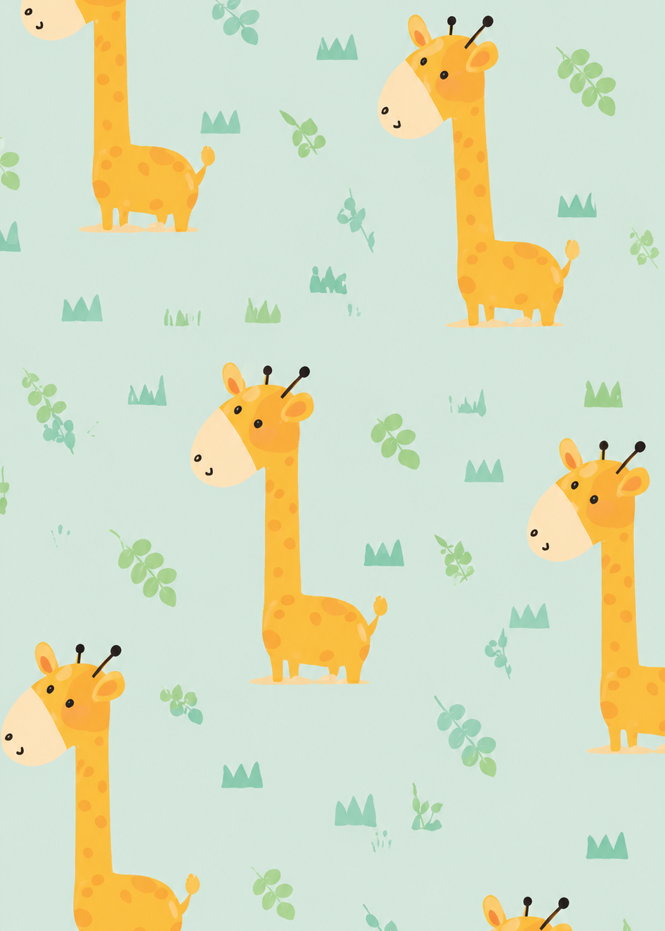 Pattern of cartoon giraffes on a light blue background with green leaves.