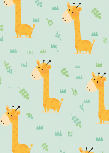 Pattern of cartoon giraffes on a light blue background with green leaves.