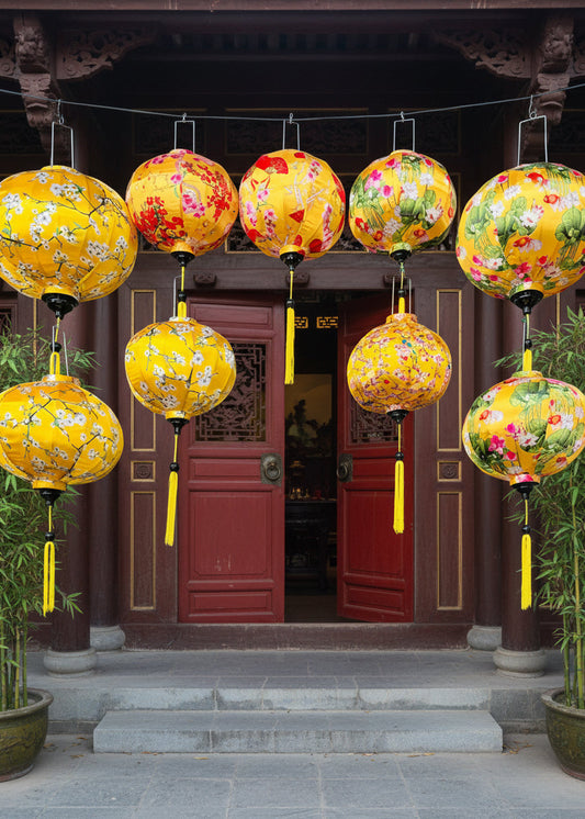 Silk Fabric Hanging Lantern – Floral Pattern – Red or Yellow Round