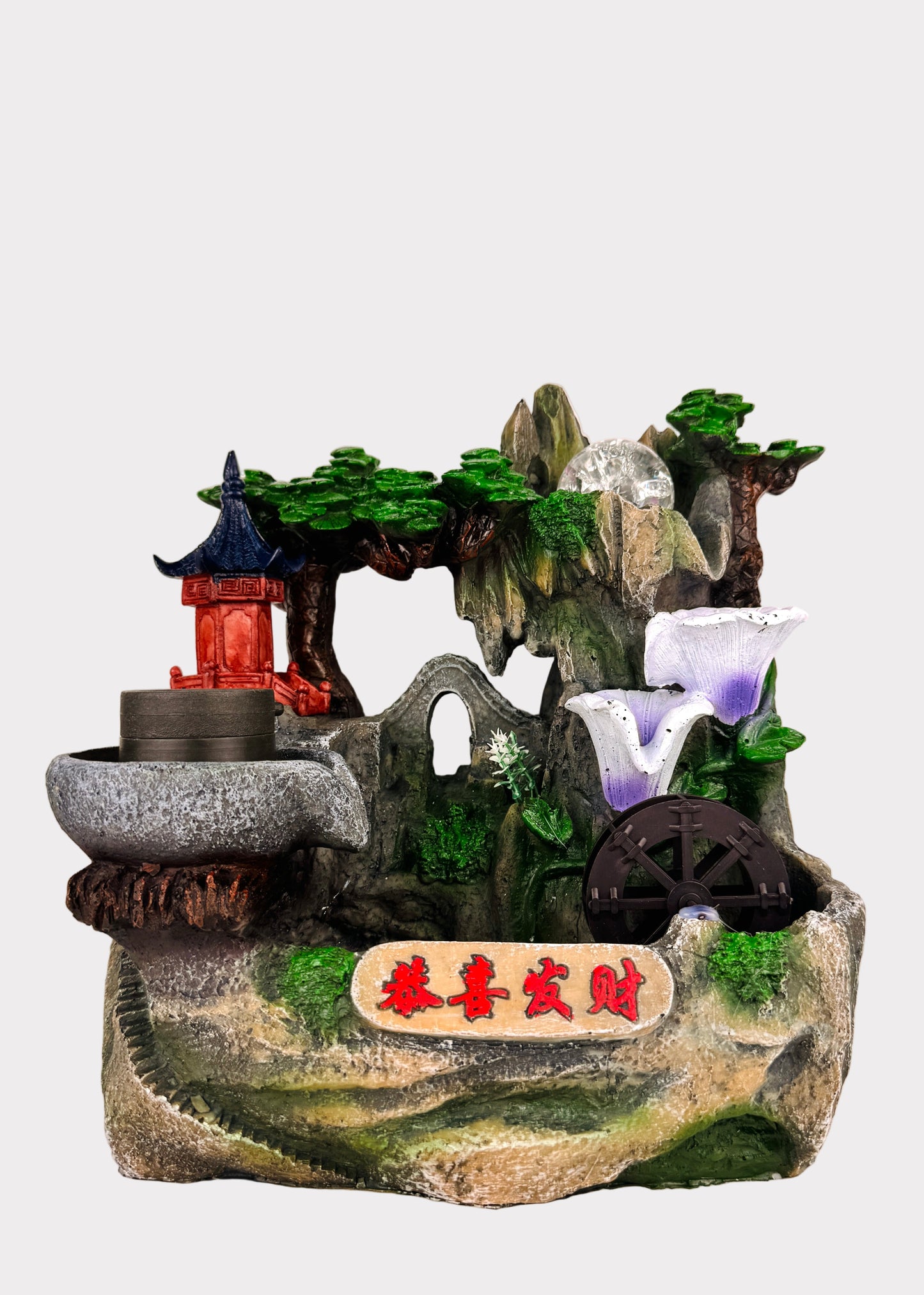 Lily cascade pagoda mountain tabletop fountain with crystal ball and water wheel – front view - Rainbow Rosemead