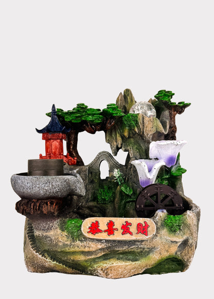 Lily cascade pagoda mountain tabletop fountain with crystal ball and water wheel – front view - Rainbow Rosemead