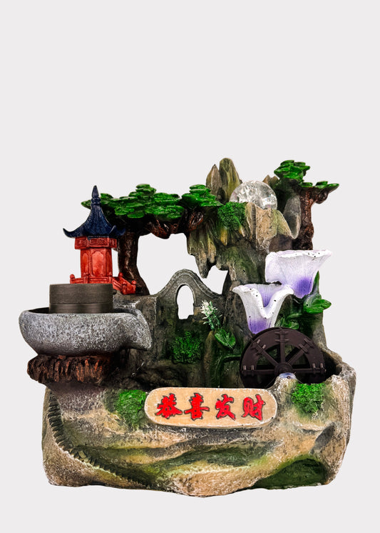 Lily cascade pagoda mountain tabletop fountain with crystal ball and water wheel – front view - Rainbow Rosemead