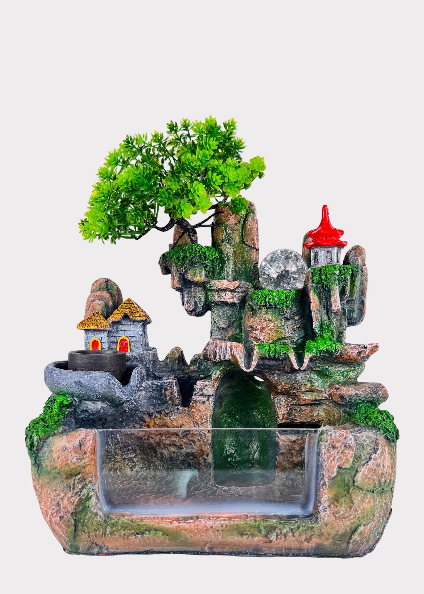 Mountain village tabletop fountain with bonsai tree, water tank, and LED glow - front view – Rainbow Rosemead