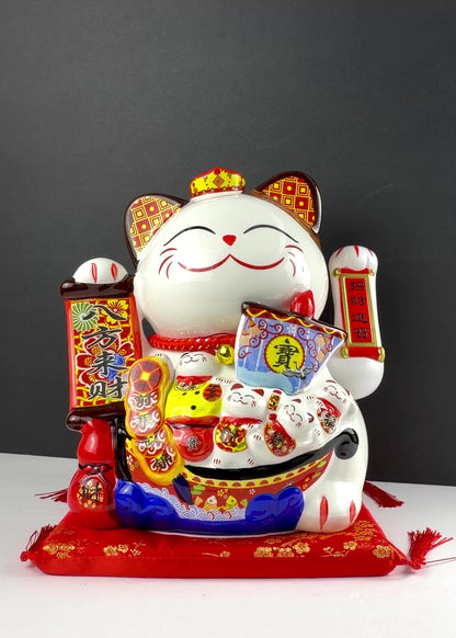 Ceramic Lucky Money Cat with Hulu and Wealth Boat Decor - Battery or Plug In