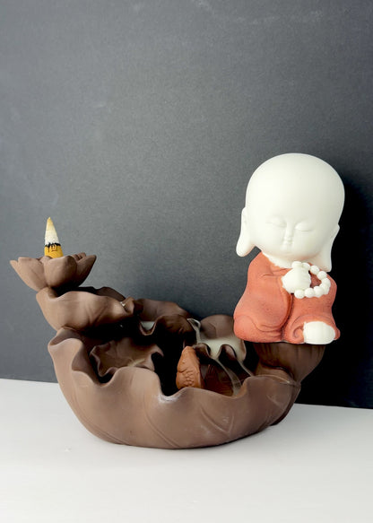 Monk with Koi Incense Fountain - Cone Incense Fountain - Ceramic