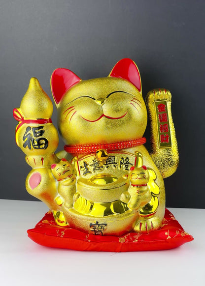 Golden Money Cat - Porcelain Lucky Cat with Hulu - Battery Powered