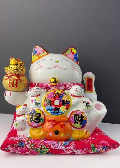 Lucky Money Cat with Gold Bag – Porcelain – Battery & Plug Powered Fortune Figurine