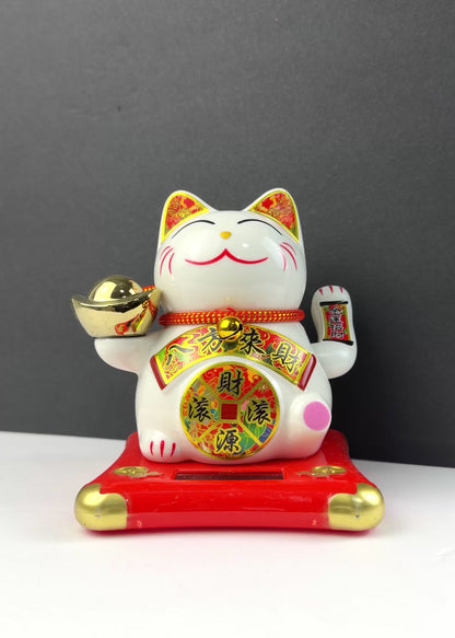 Solar Powered Ceramic Lucky Money Cat with Gold Ingot - Prosperity Decor