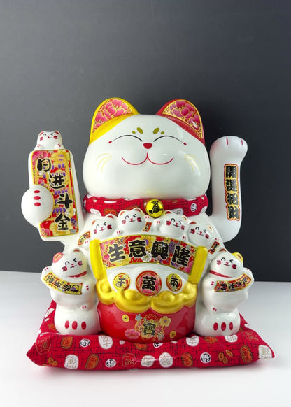 Lucky Money Cat with Wealth Bucket – Porcelain – Battery or DC Powered Figurine