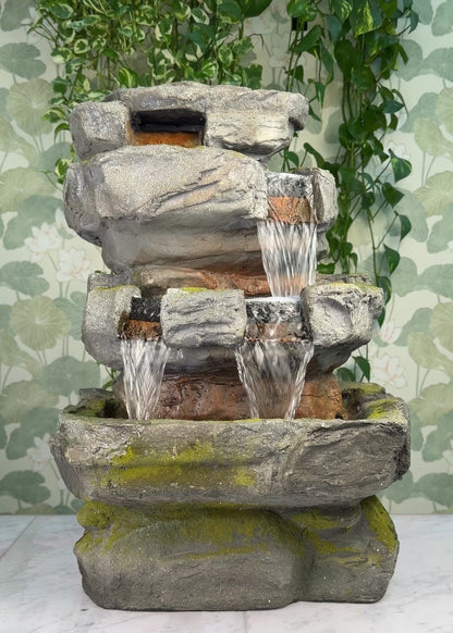 Multi-Tier Rock Waterfall Fountain with LED Lights