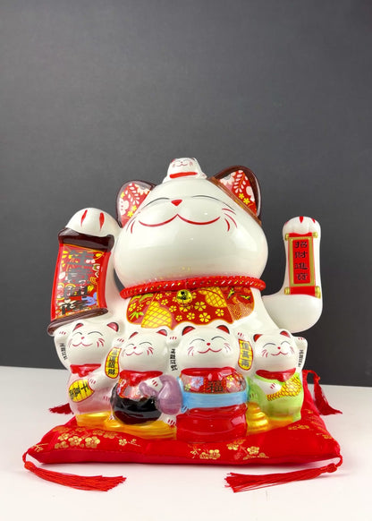 Ceramic Lucky Money Cat with Mini Cats - Battery or Plug In Prosperity Decor