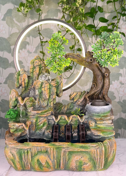 Zen Mountain Ring Tabletop Fountain - LED Crystal Ball - Triple Water Wheels