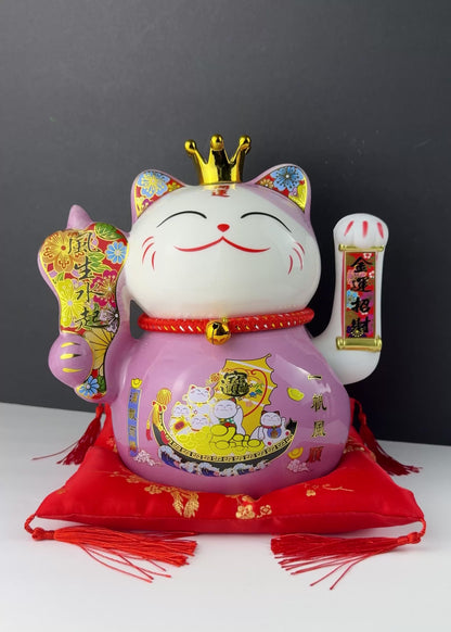 Money Cat – Porcelain Lucky Cat with Crown – Battery Powered