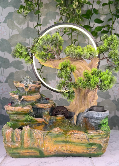 Zen Pine Ring Tabletop Fountain - LED Crystal Ball - Water Wheel