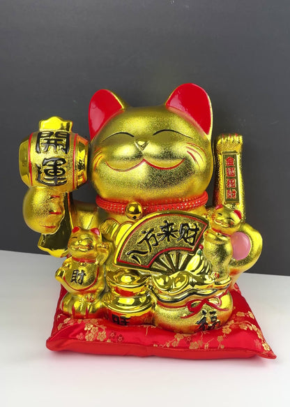 Golden Lucky Cat Figurine – Porcelain Maneki Neko with Drum and Fan – DC or Battery Powered