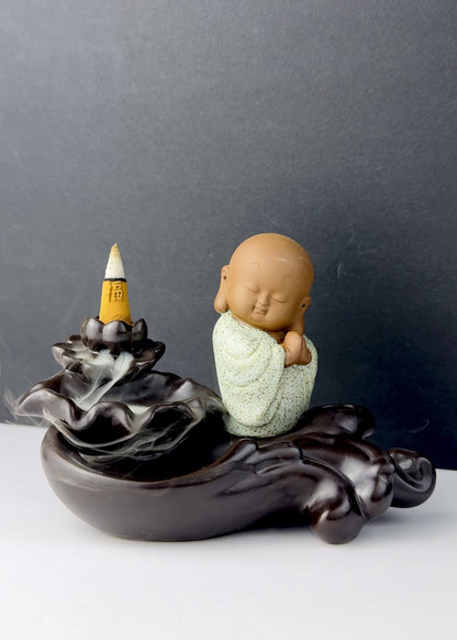 Resting Monk on Lotus Wave Backflow Incense Burner - Ceramic