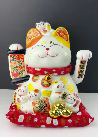 Lucky Money Cat – Porcelain – Banner and Ingots – Battery or AC Powered